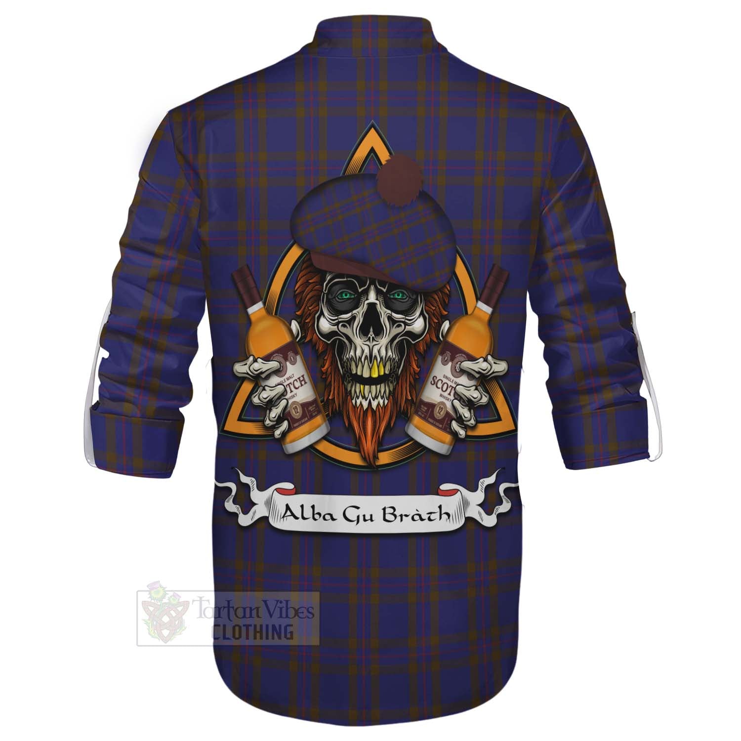 Tartan Vibes Clothing Elliot Tartan Ghillie Kilt Shirt with Family Crest and Bearded Skull Holding Bottles of Whiskey