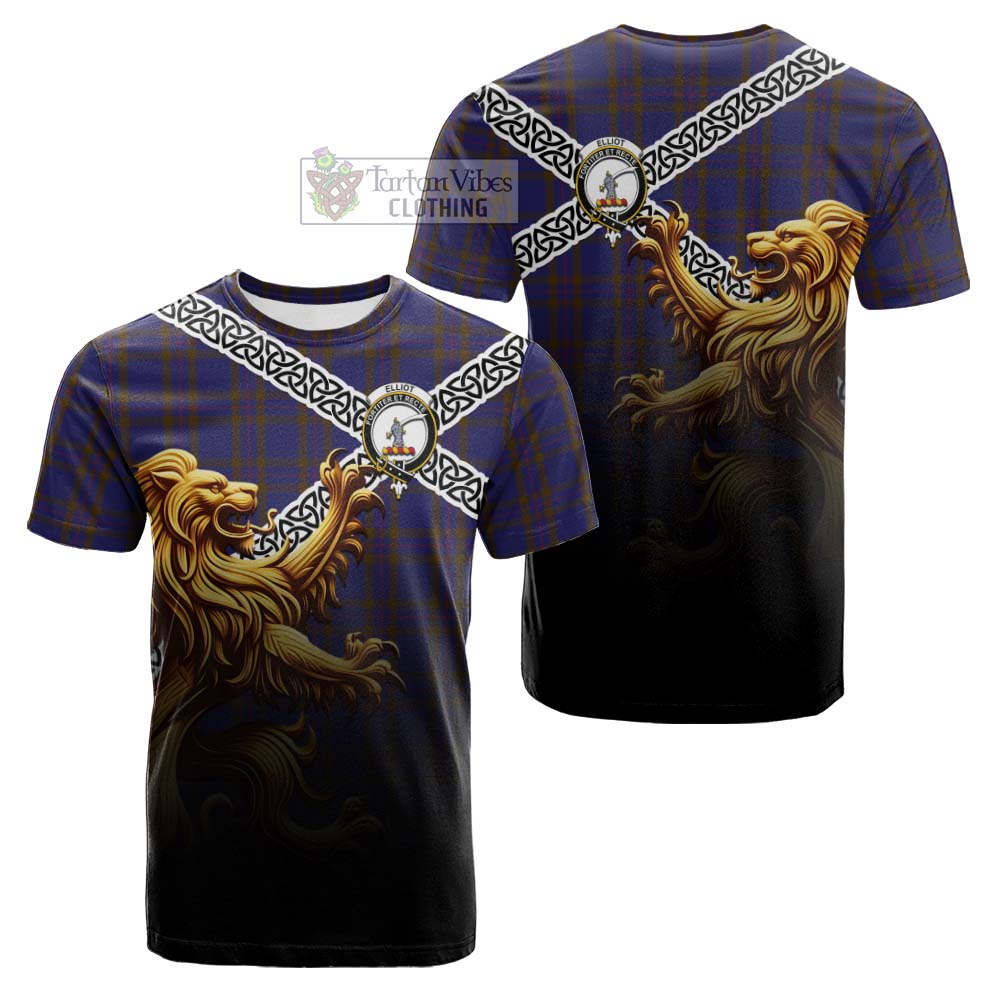 Tartan Vibes Clothing Elliot Crest Tartan Cotton T-shirt with Golden Lion Emblem Celtic Style