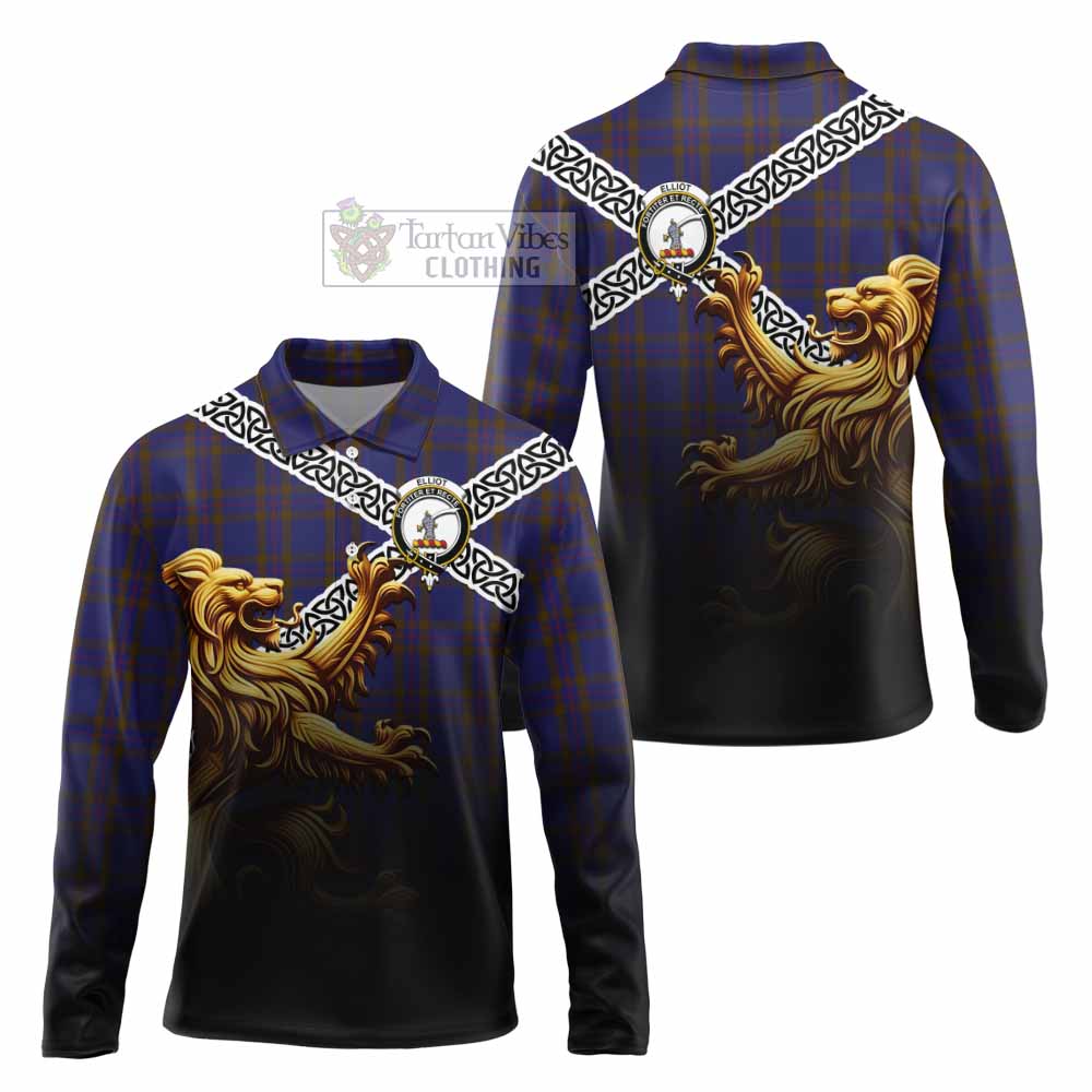 Tartan Vibes Clothing Elliot Crest Tartan Long Sleeve Polo Shirt with Golden Lion Emblem Celtic Style