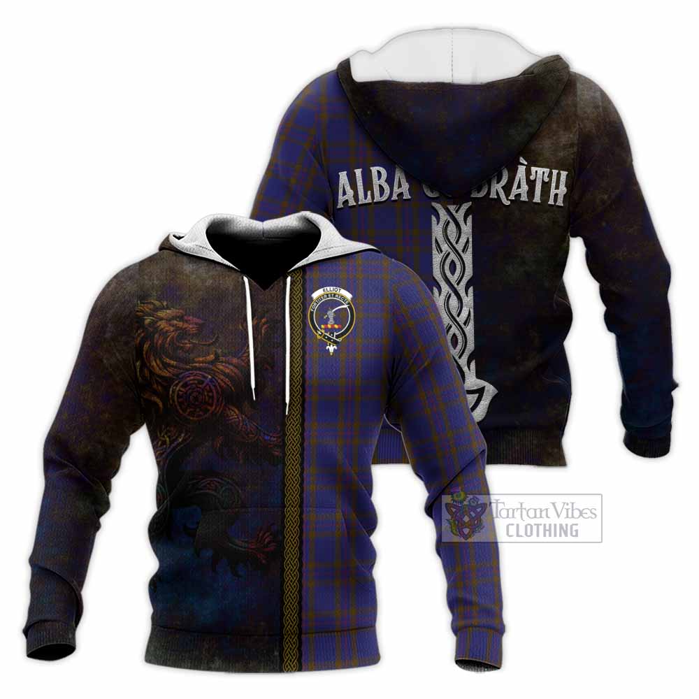 Tartan Vibes Clothing Elliot Tartan Family Crest Knitted Hoodie Alba Gu Brath Be Brave Lion Ancient Style