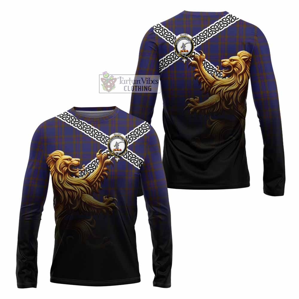 Tartan Vibes Clothing Elliot Crest Tartan Long Sleeve T-Shirt with Golden Lion Emblem Celtic Style