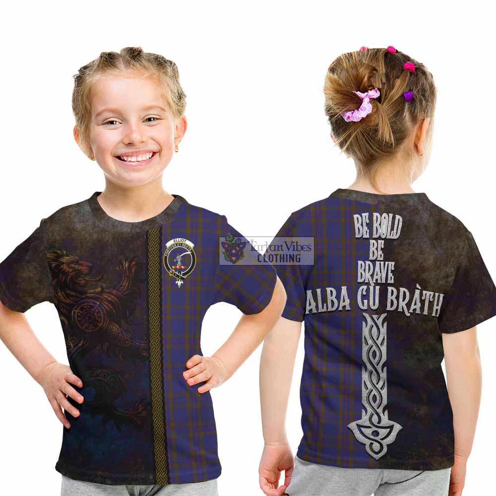 Tartan Vibes Clothing Elliot Tartan Family Crest Kid T-Shirt Alba Gu Brath Be Brave Lion Ancient Style
