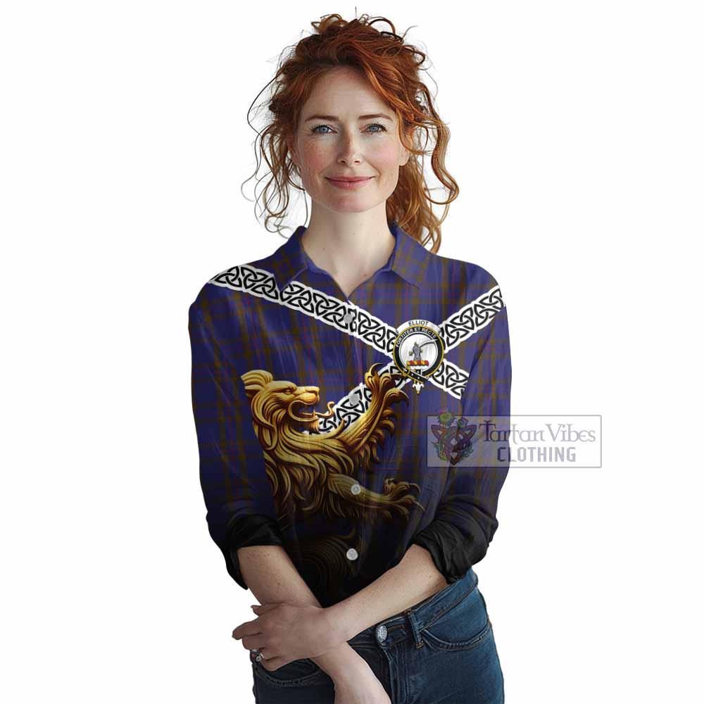 Tartan Vibes Clothing Elliot Crest Tartan Women's Casual Shirt with Golden Lion Emblem Celtic Style