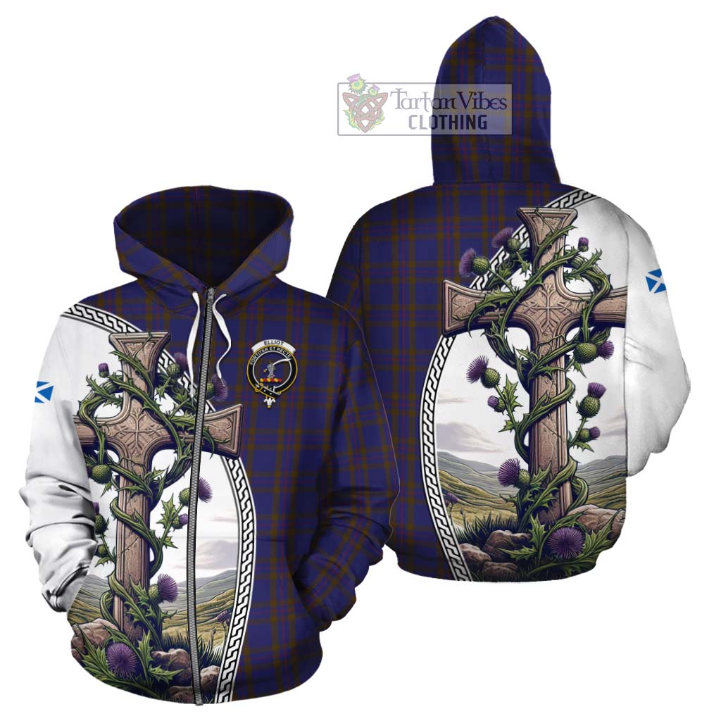 Tartan Vibes Clothing Elliot Tartan Cotton Hoodie with Family Crest and St. Andrew's Cross Accented by Thistle Vines