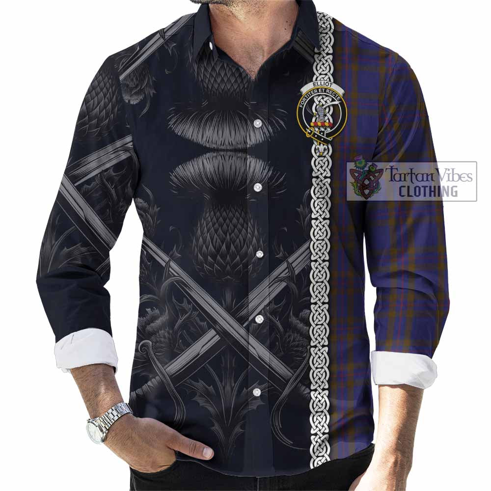 Tartan Vibes Clothing Elliot Tartan Long Sleeve Button Shirt with Family Crest Cross Sword Thistle Celtic Vibes