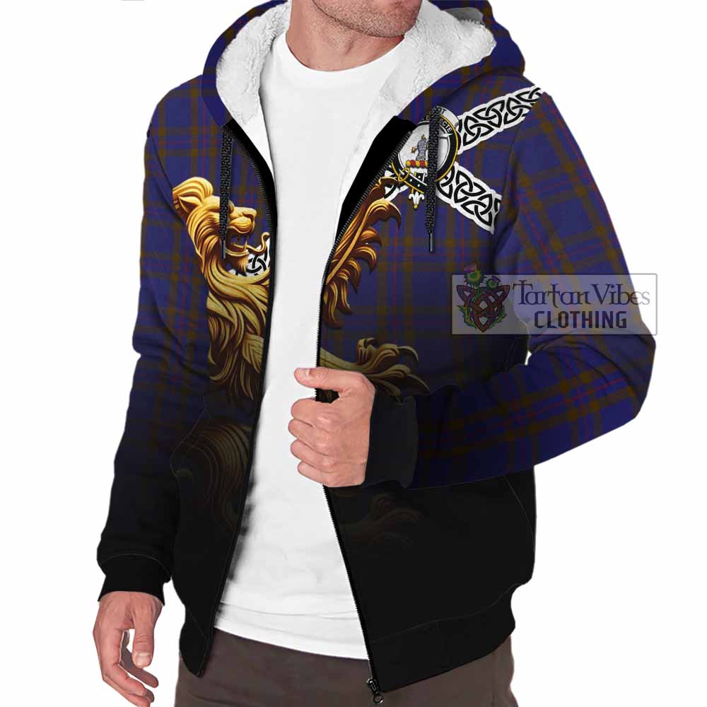 Tartan Vibes Clothing Elliot Crest Tartan Sherpa Hoodie with Golden Lion Emblem Celtic Style