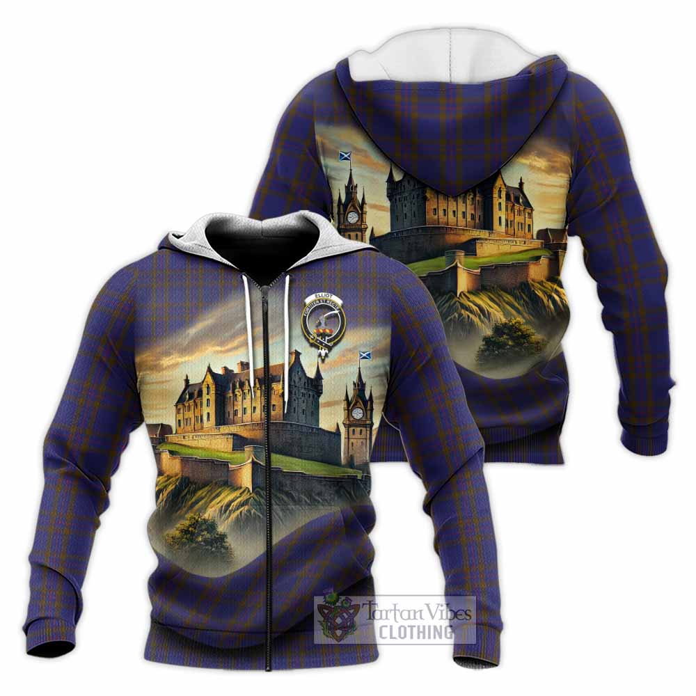 Tartan Vibes Clothing Elliot Tartan Family Crest Knitted Hoodie with Scottish Ancient Castle Style
