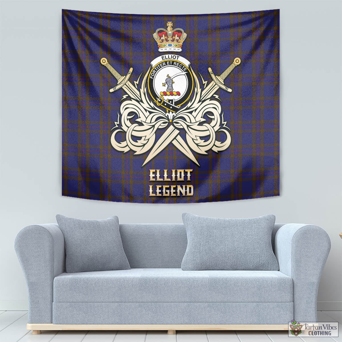Tartan Vibes Clothing Elliot Tartan Tapestry with Clan Crest and the Golden Sword of Courageous Legacy
