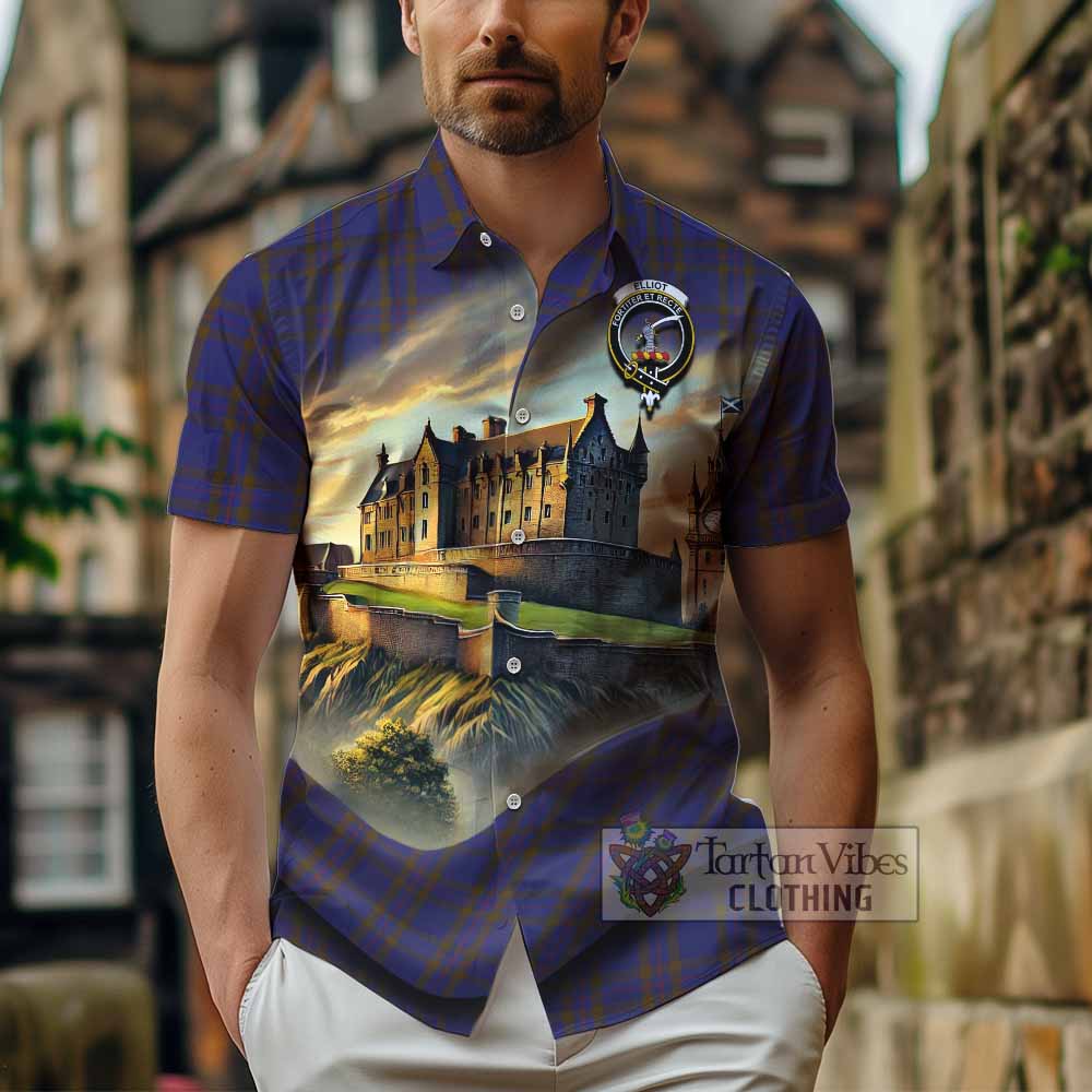 Tartan Vibes Clothing Elliot Tartan Family Crest Short Sleeve Button Shirt with Scottish Ancient Castle Style