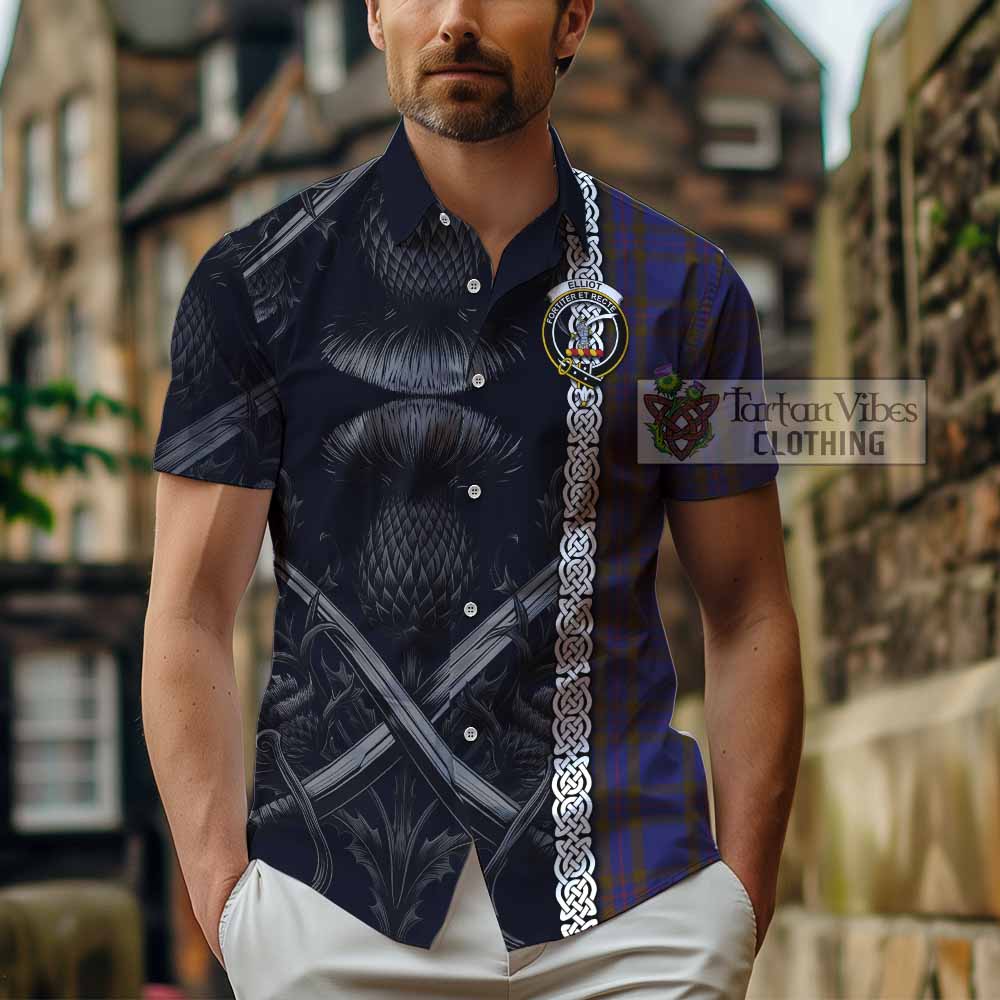 Tartan Vibes Clothing Elliot Tartan Short Sleeve Button Shirt with Family Crest Cross Sword Thistle Celtic Vibes