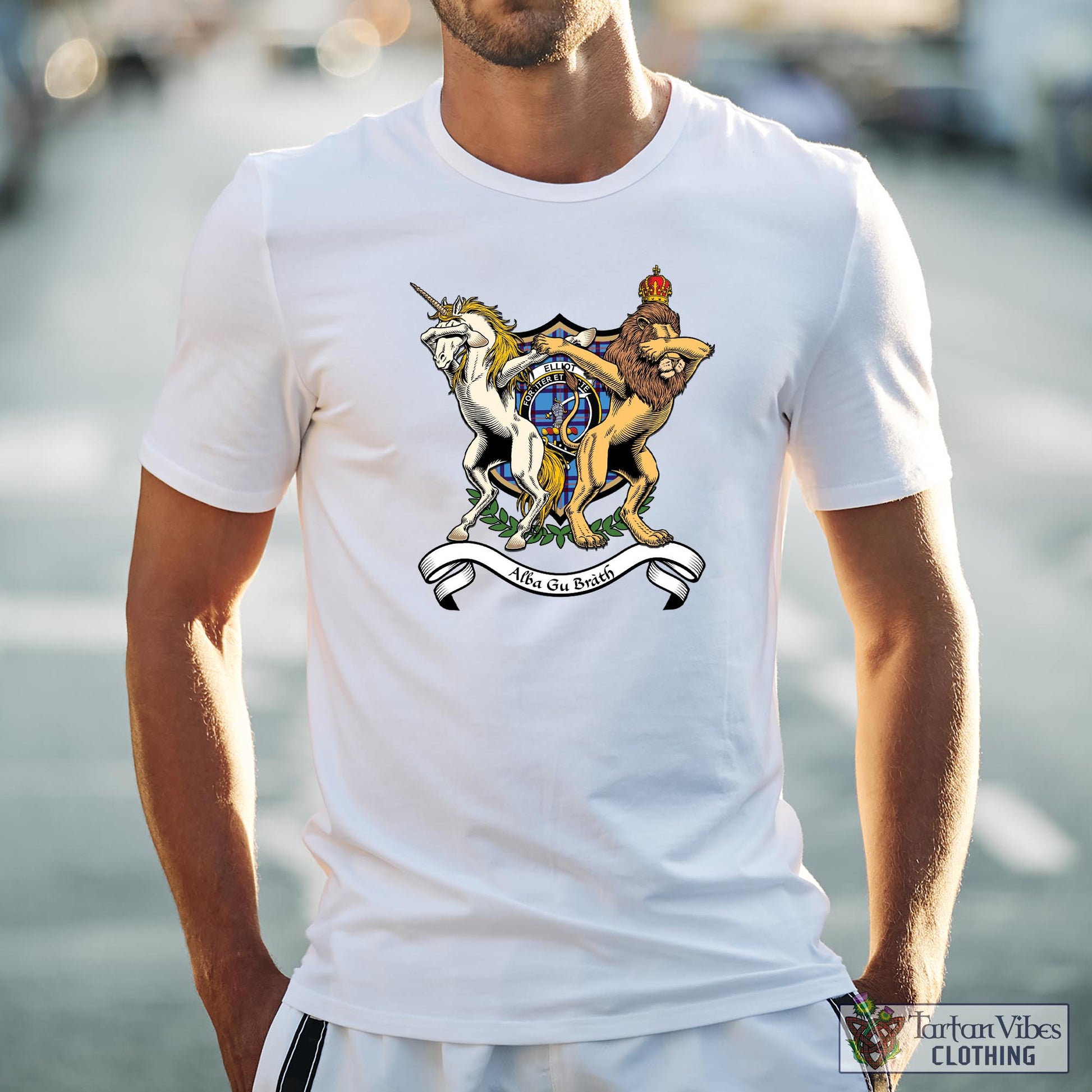 Tartan Vibes Clothing Elliot Ancient Family Crest Cotton Men's T-Shirt with Scotland Royal Coat Of Arm Funny Style