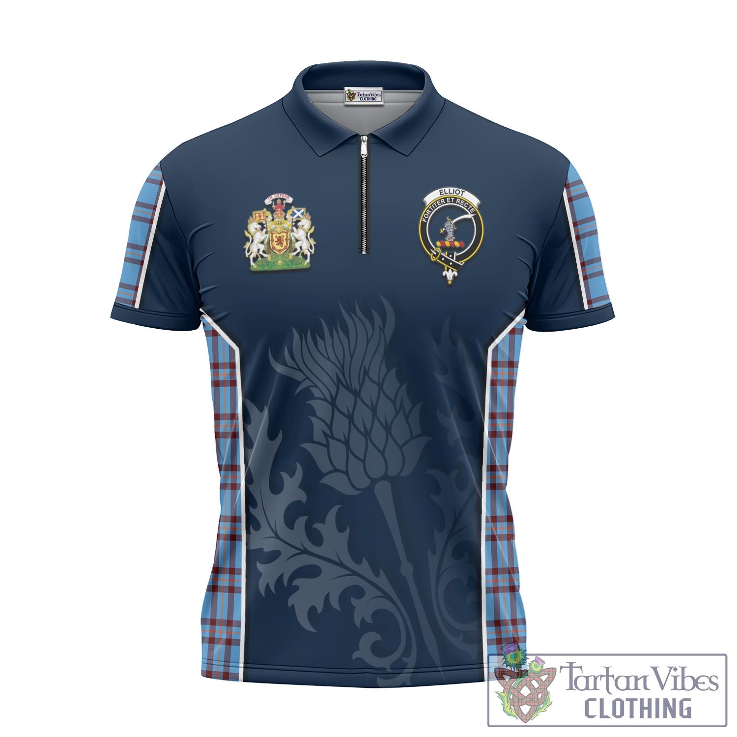 Tartan Vibes Clothing Elliot Ancient Tartan Zipper Polo Shirt with Family Crest and Scottish Thistle Vibes Sport Style
