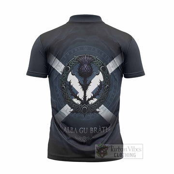 Elliot Clan Crest Zipper Polo Shirt with Celtic Knot Thistle and Saltire