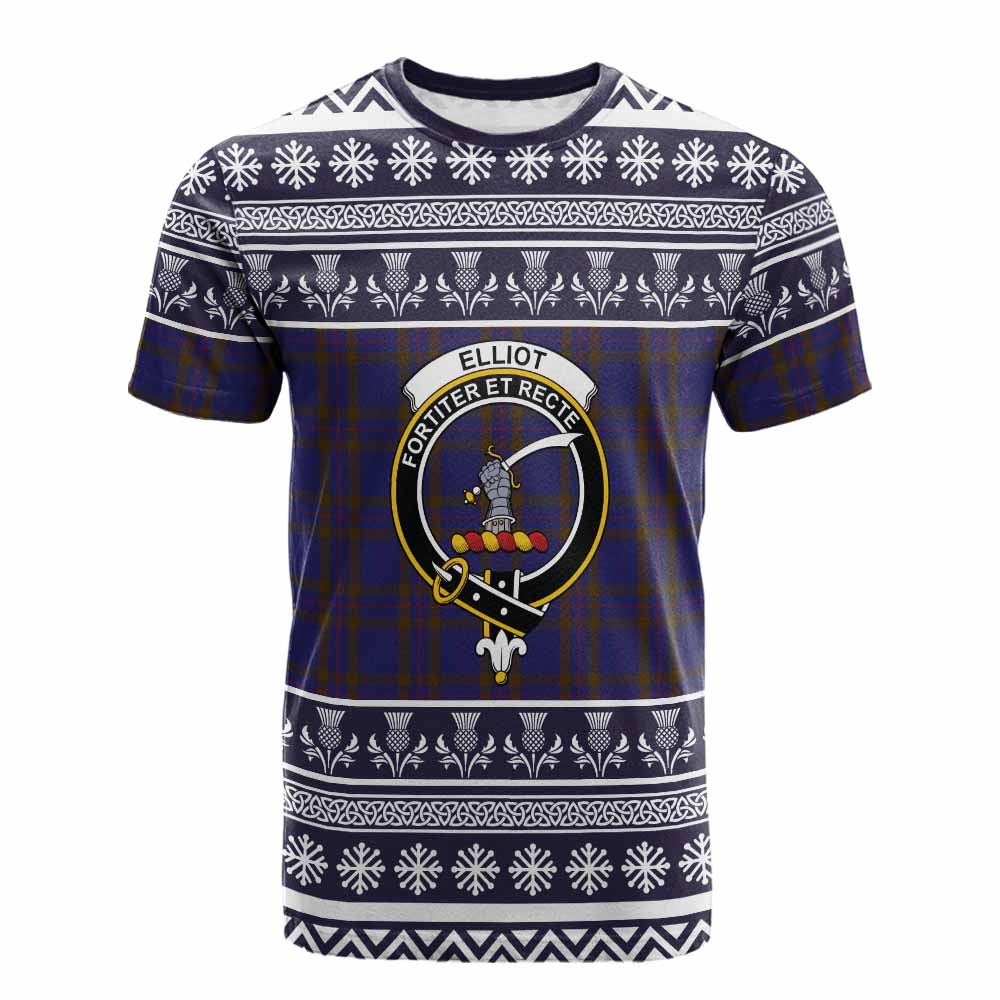 Elliot Clan Tartan Christmas Cotton T-shirt with Family Crest - Tartan Vibes Clothing