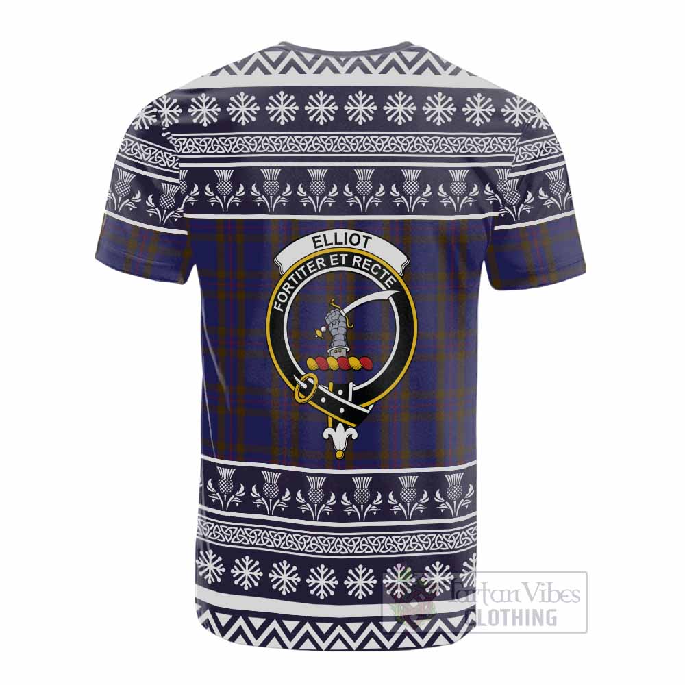Elliot Clan Tartan Christmas Cotton T-shirt with Family Crest - Tartan Vibes Clothing