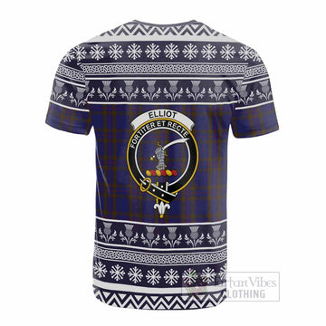 Elliot Clan Tartan Christmas Cotton T-shirt with Family Crest - Tartan Vibes Clothing