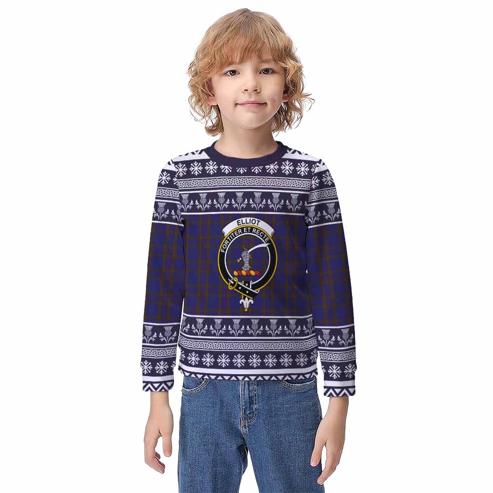 Elliot Clan Tartan Christmas Kid Ugly Sweatshirt with Family Crest - Tartan Vibes Clothing
