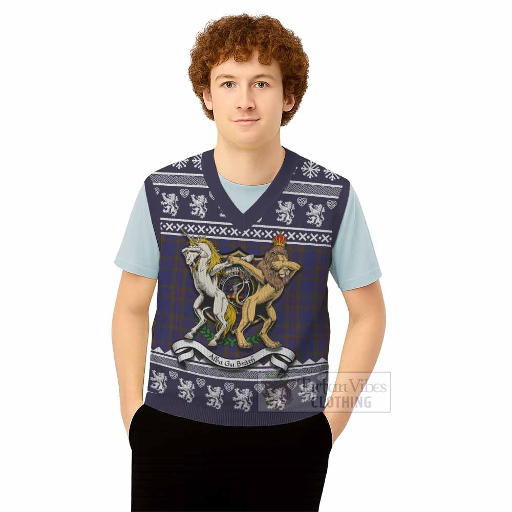 Elliot Clan Tartan Crest Christmas Knitted V-Neck Vest Coat of Arms Funny Style - Tartan Vibes Clothing