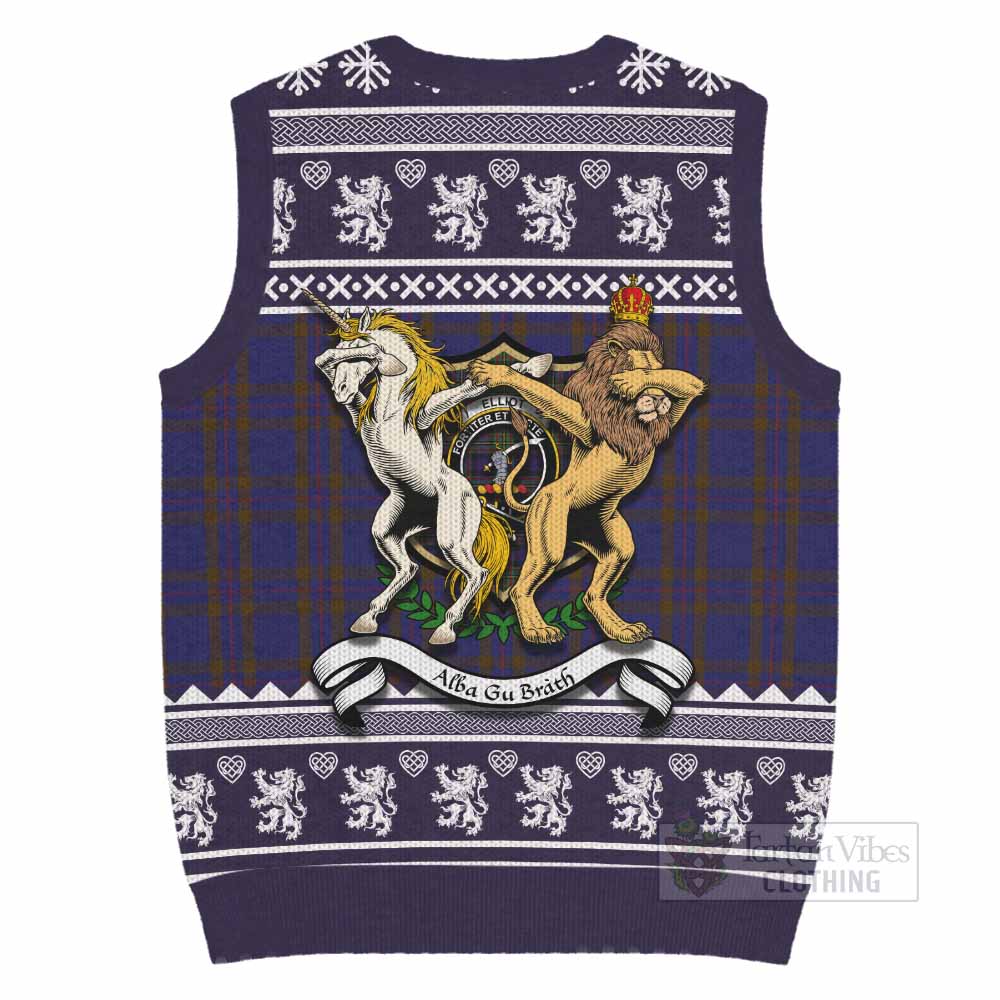 Elliot Clan Tartan Crest Christmas Knitted V-Neck Vest Coat of Arms Funny Style - Tartan Vibes Clothing