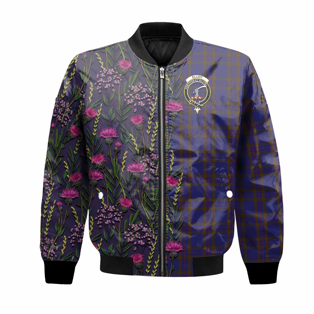 Elliot Family Crest Tartan Bomber Jacket Scottish Thistle Flower Pattern Half Style - Tartan Vibes Clothing