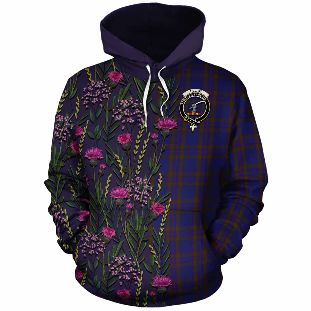 Elliot Family Crest Tartan Cotton Hoodie Scottish Thistle Flower Pattern Half Style - Tartan Vibes Clothing