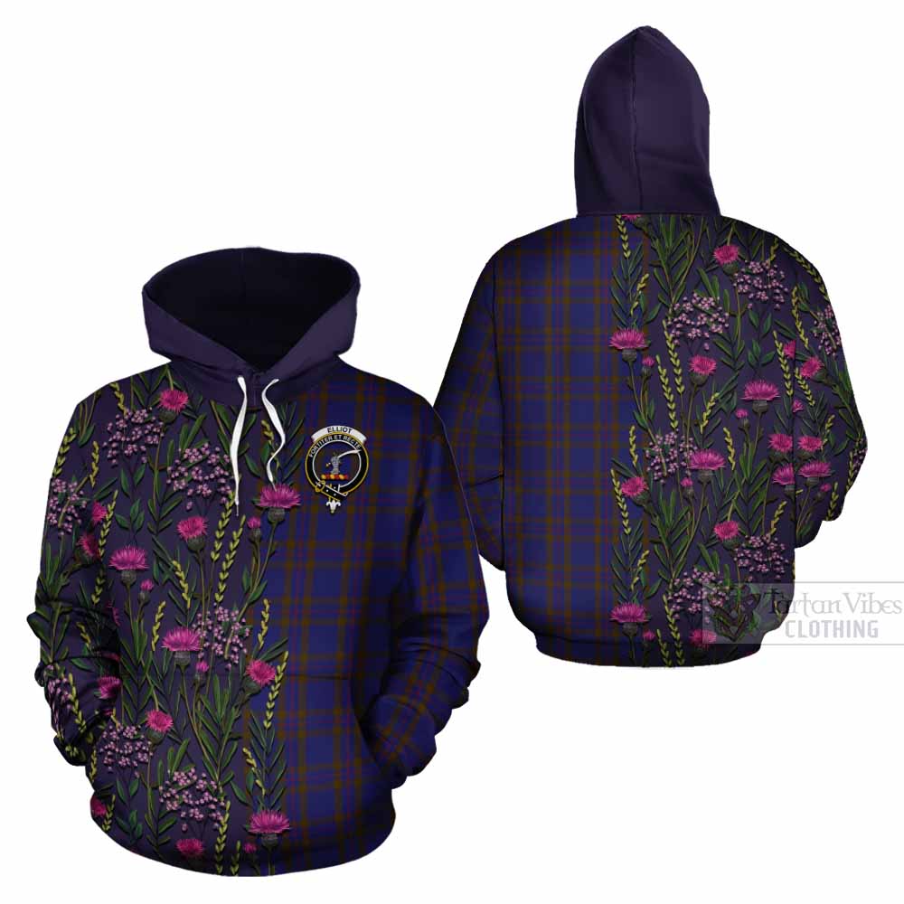 Elliot Family Crest Tartan Cotton Hoodie Scottish Thistle Flower Pattern Half Style - Tartan Vibes Clothing