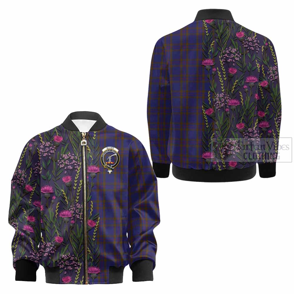 Elliot Family Crest Tartan Kid Bomber Jacket Scottish Thistle Flower Pattern Half Style - Tartan Vibes Clothing