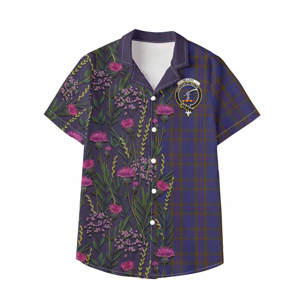 Elliot Family Crest Tartan Kid Hawaiian Shirt Scottish Thistle Flower Pattern Half Style - Tartan Vibes Clothing