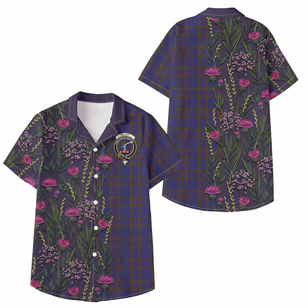 Elliot Family Crest Tartan Kid Hawaiian Shirt Scottish Thistle Flower Pattern Half Style - Tartan Vibes Clothing