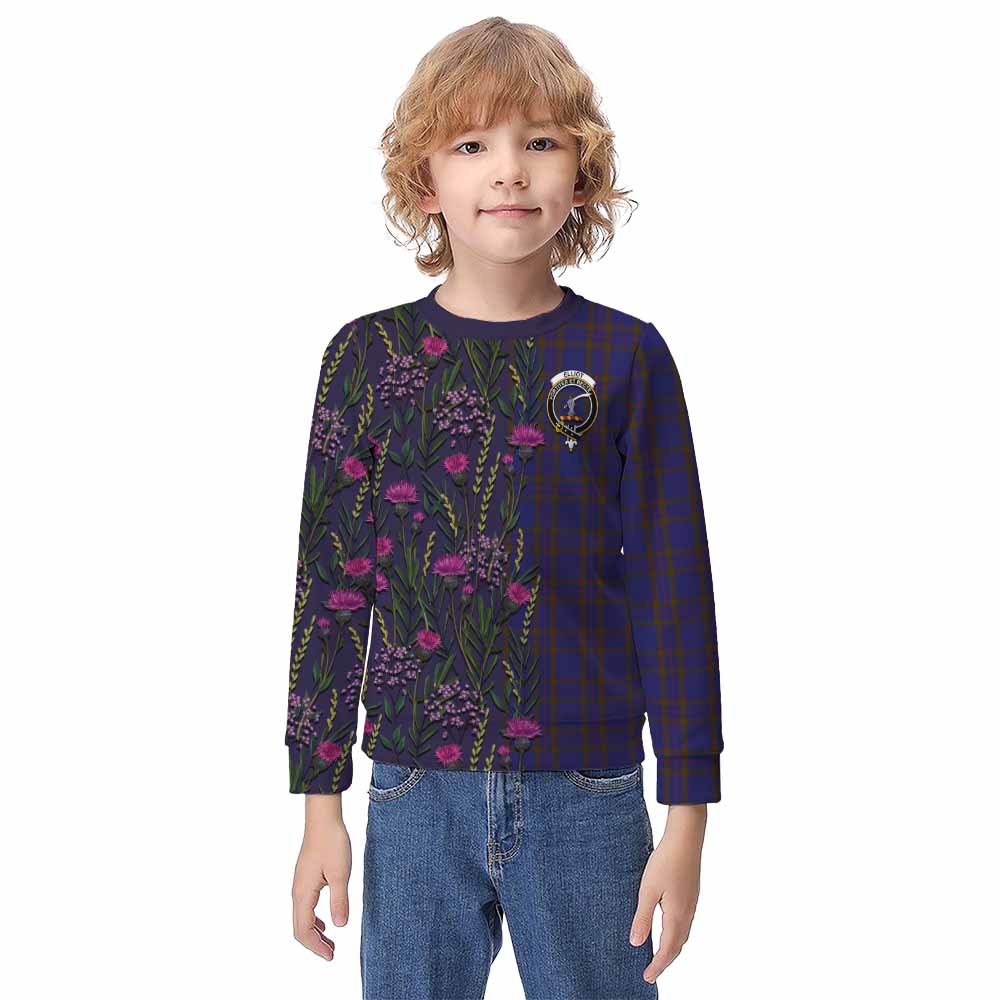 Elliot Family Crest Tartan Kid Knitted Sweatshirt Scottish Thistle Flower Pattern Half Style - Tartan Vibes Clothing