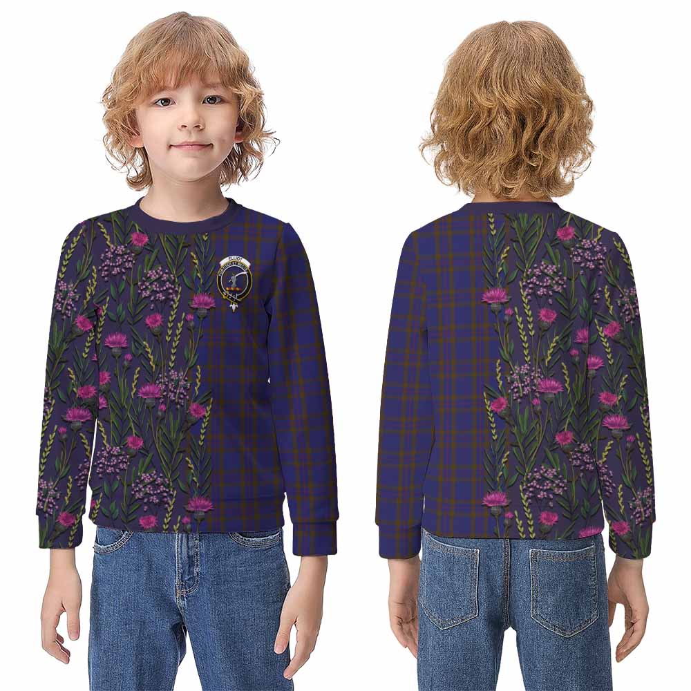 Elliot Family Crest Tartan Kid Knitted Sweatshirt Scottish Thistle Flower Pattern Half Style - Tartan Vibes Clothing