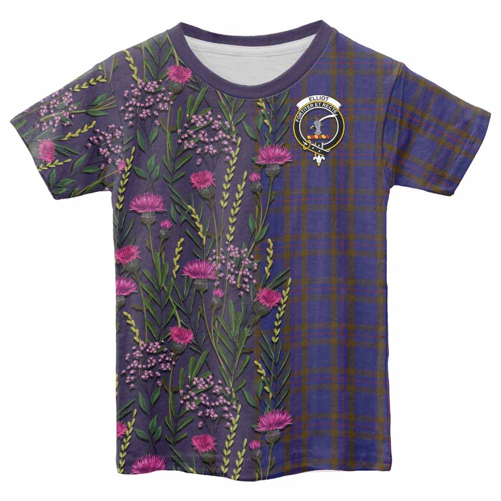 Elliot Family Crest Tartan Kid T-shirt Scottish Thistle Flower Pattern Half Style - Tartan Vibes Clothing
