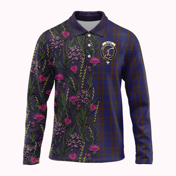 Elliot Family Crest Tartan Long Sleeve Polo Shirt Scottish Thistle Flower Pattern Half Style