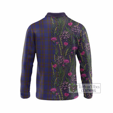 Elliot Family Crest Tartan Long Sleeve Polo Shirt Scottish Thistle Flower Pattern Half Style
