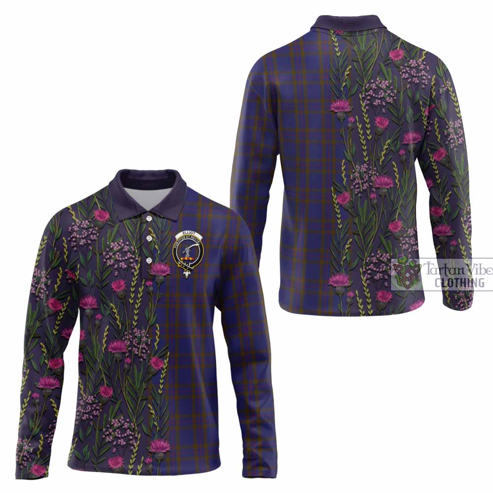Elliot Family Crest Tartan Long Sleeve Polo Shirt Scottish Thistle Flower Pattern Half Style - Tartan Vibes Clothing