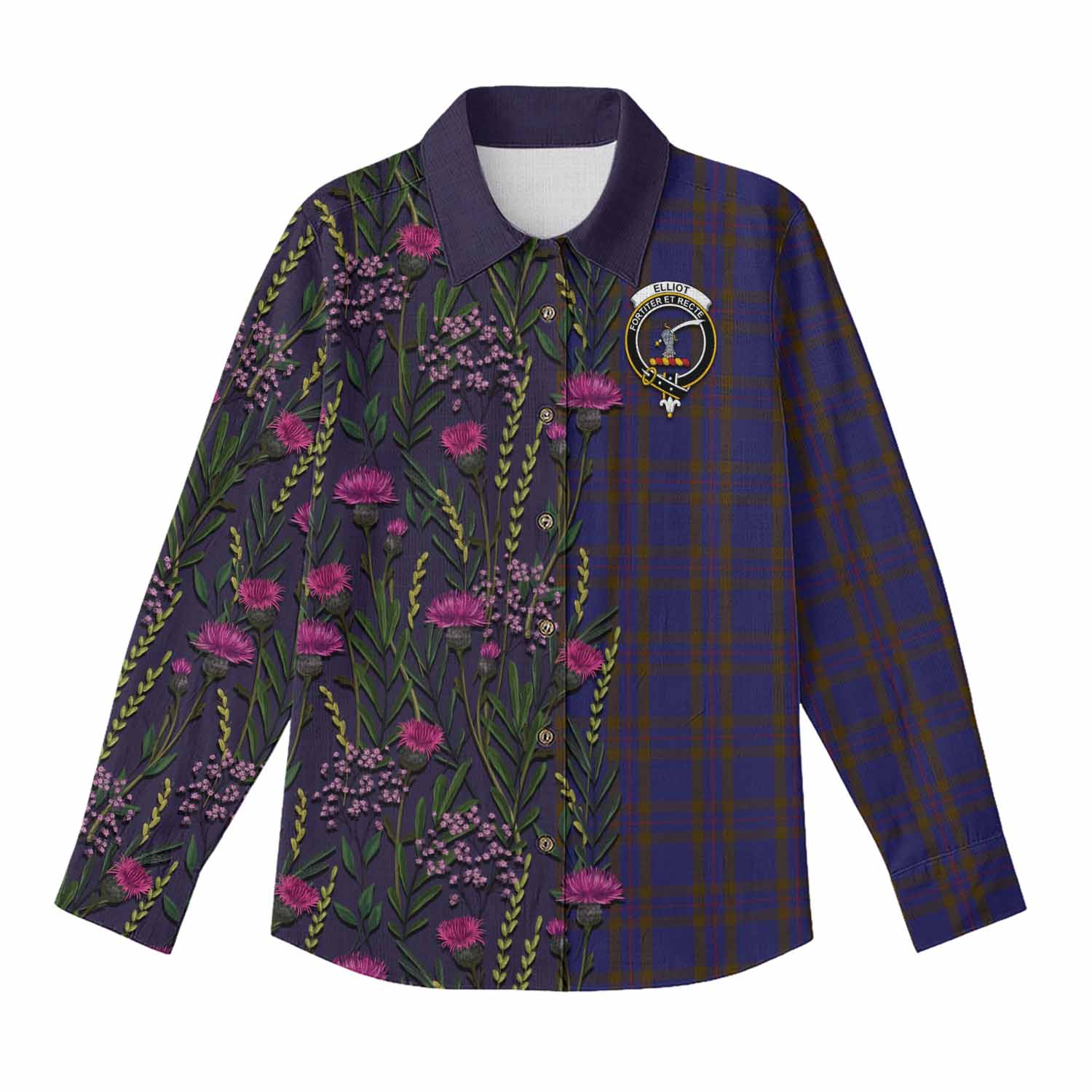 Elliot Family Crest Tartan Women Casual Shirt Scottish Thistle Flower Pattern Half Style - Tartan Vibes Clothing