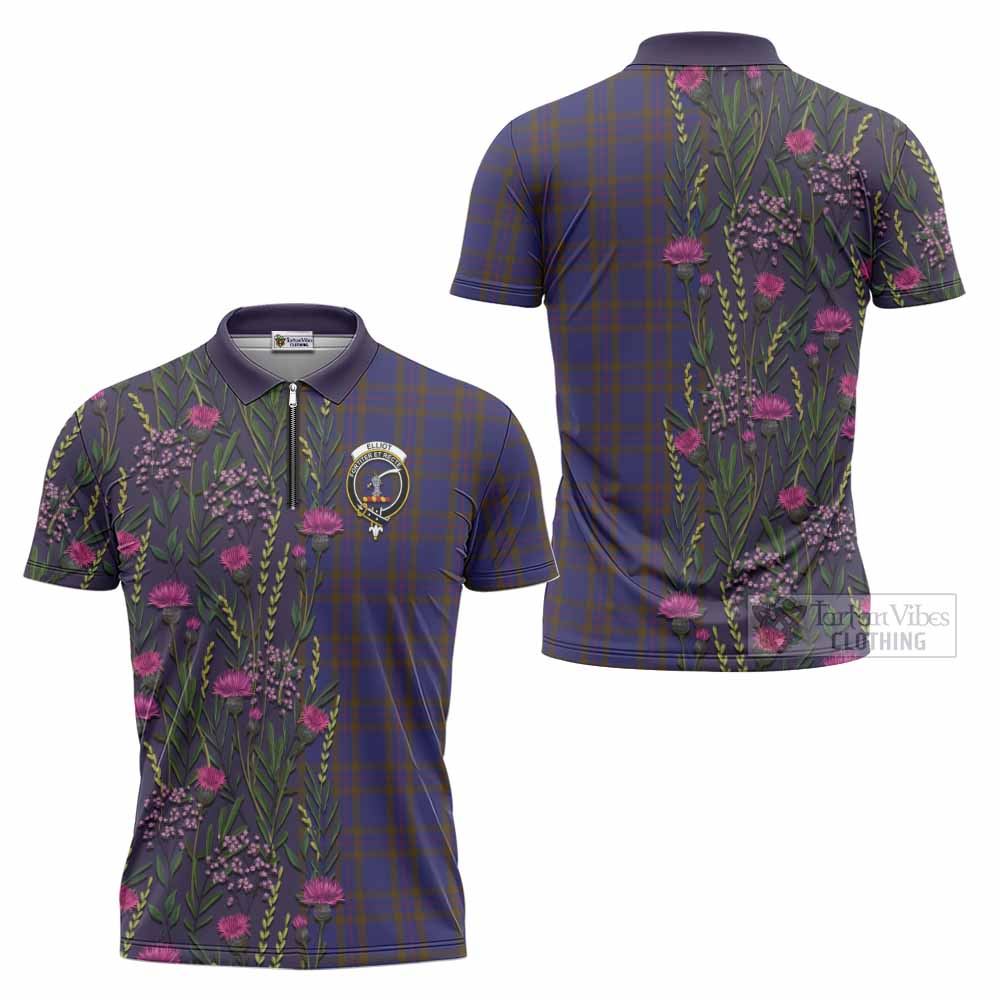 Elliot Family Crest Tartan Zipper Polo Shirt Scottish Thistle Flower Pattern Half Style - Tartan Vibes Clothing