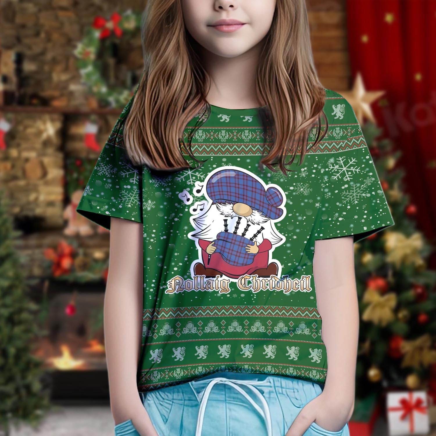 Elliot Modern Clan Christmas Family T-Shirt with Funny Gnome Playing Bagpipes Kid's Shirt Green - Tartanvibesclothing