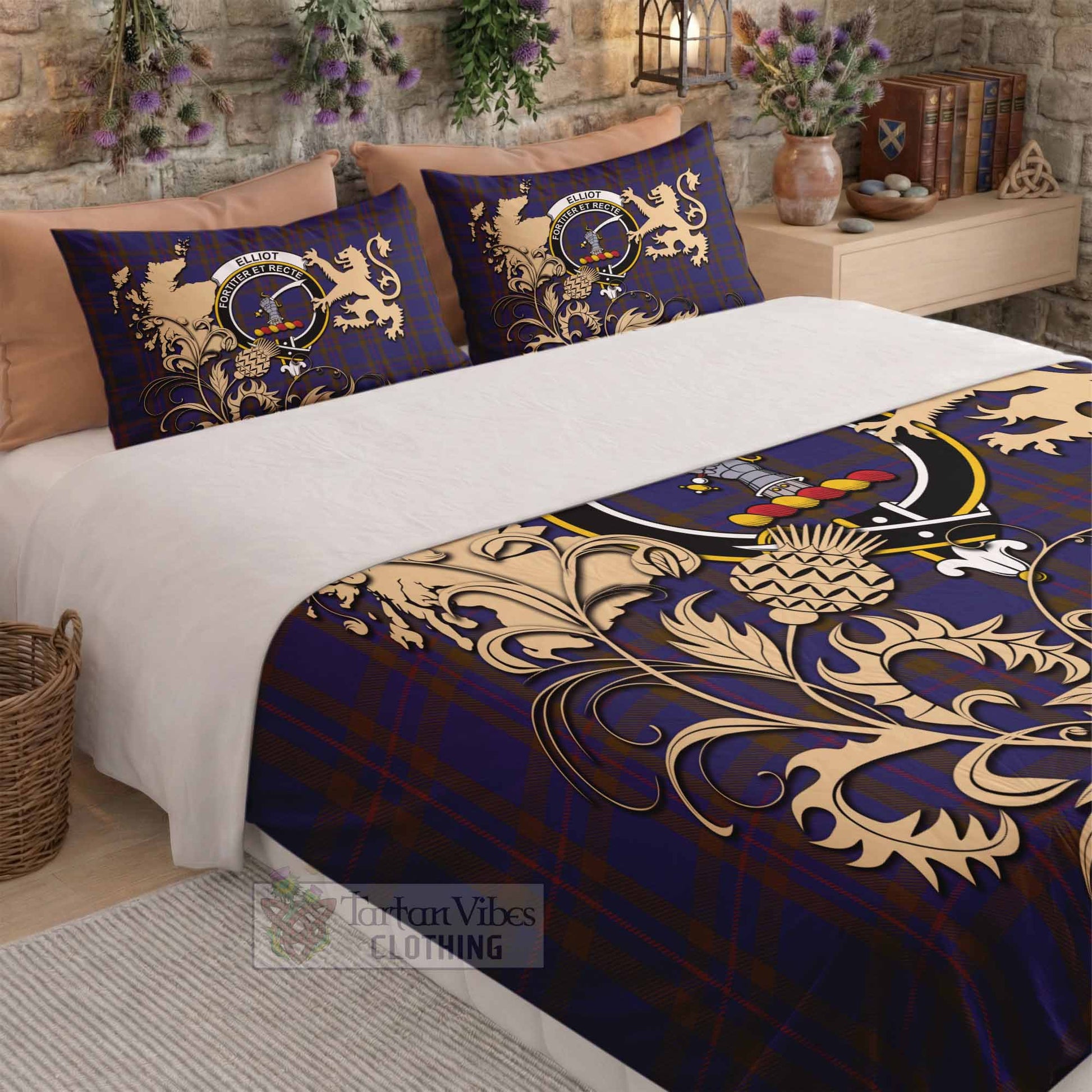 Elliot Tartan Crest Bedding Set with Scottish Iconic Symbols 