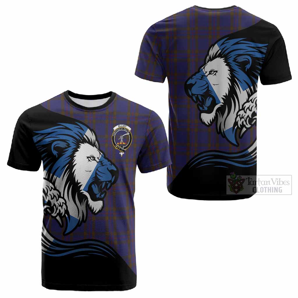 Elliot Tartan Crest Cotton T-shirt Scottish Golden Lions Wave Flow