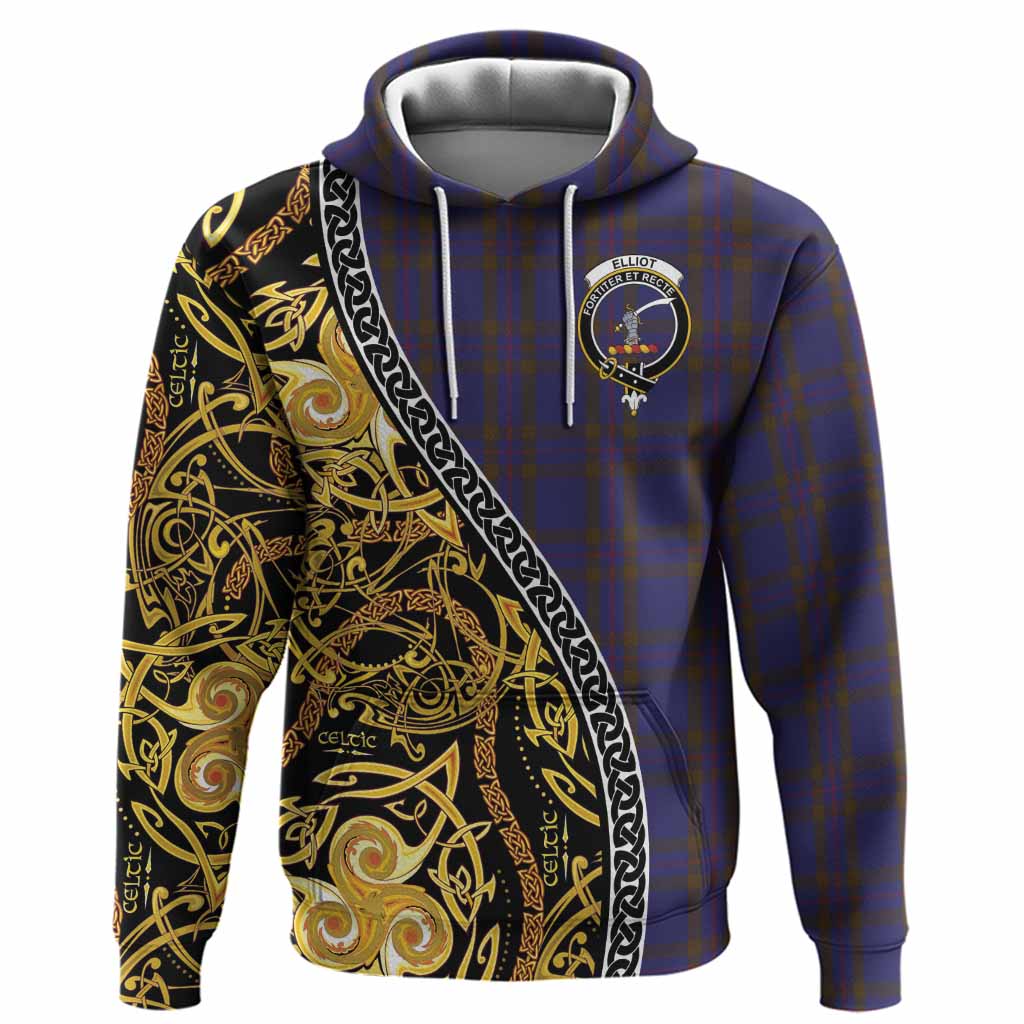 Elliot Tartan Crest Hoodie Celtic Knot and Triple Trickle Spiral Symbols
