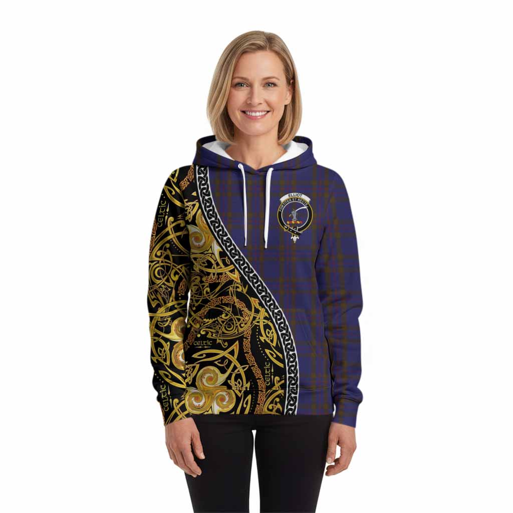 Elliot Tartan Crest Hoodie Celtic Knot and Triple Trickle Spiral Symbols