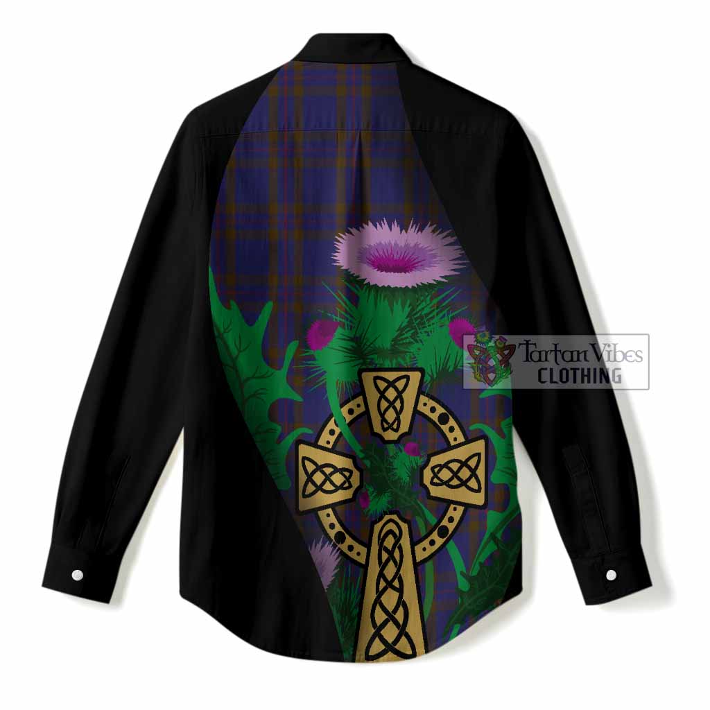 Elliot Tartan Crest Women Casual Shirt Celtic Cross Thistle Flowers