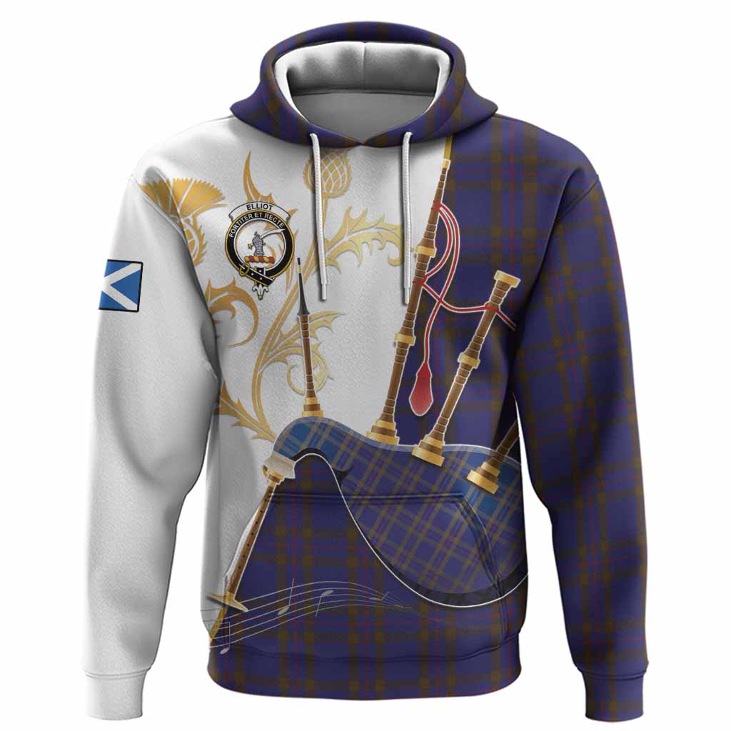 Elliot Tartan Family Crest Hoodie Bagpipes with Scottish Thistle