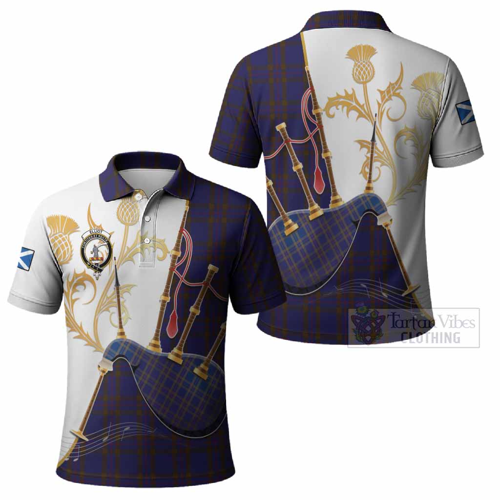 Elliot Tartan Family Crest Polo Shirt Bagpipes with Scottish Thistle