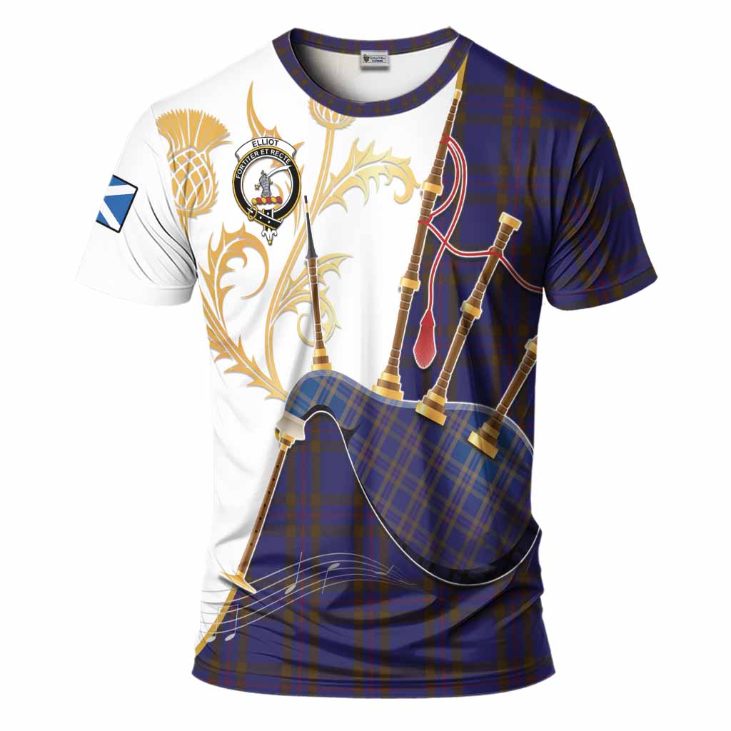 Elliot Tartan Family Crest T-Shirt Bagpipes with Scottish Thistle
