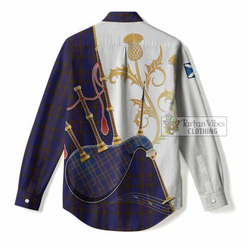 Elliot Tartan Family Crest Women Casual Shirt Bagpipes with Scottish Thistle
