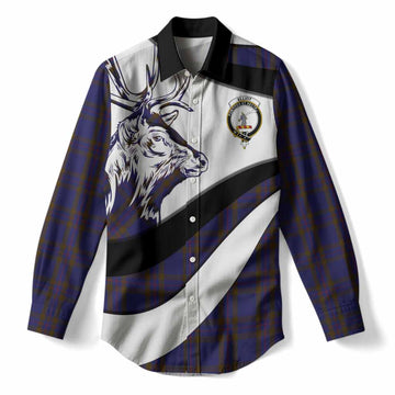 Elliot Tartan Family Crest Women Casual Shirt Scottish Red Deer Curves Style