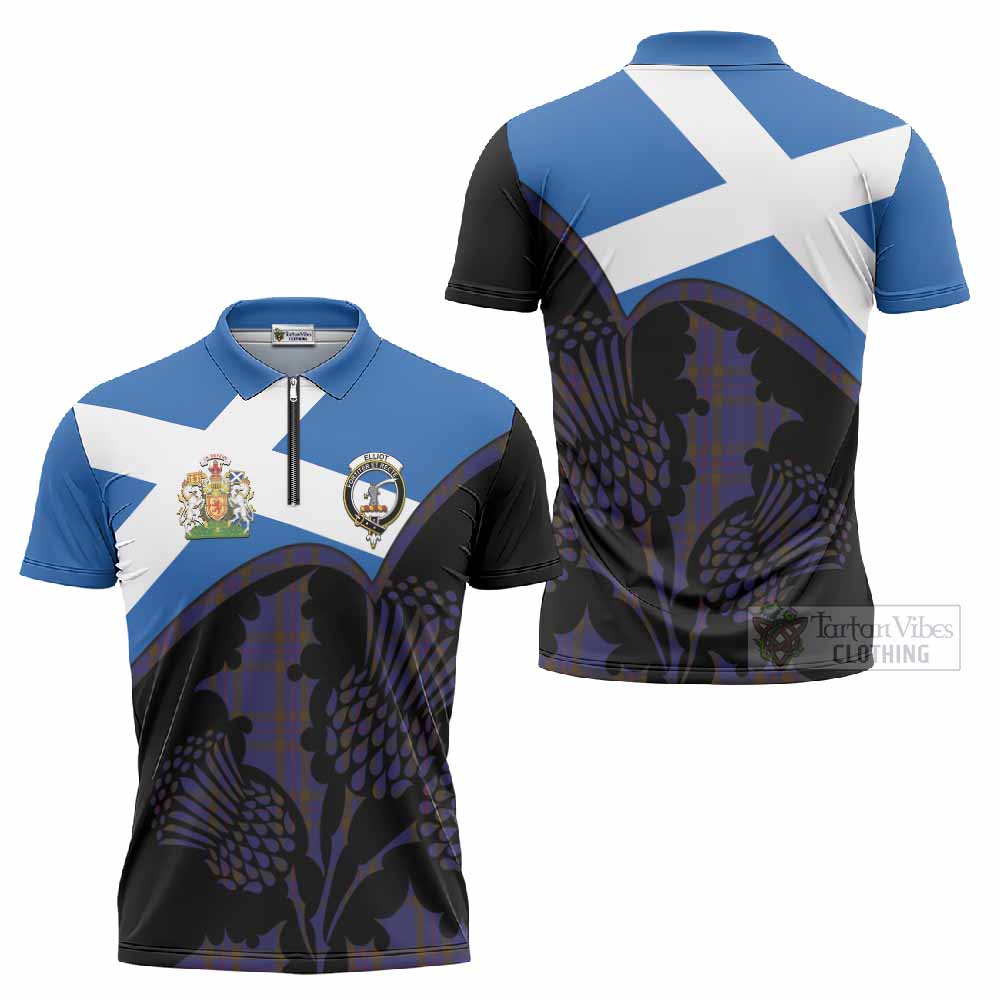 Elliot Tartan Family Crest Zipper Polo Shirt Scotland Thistle Floral Flag Style