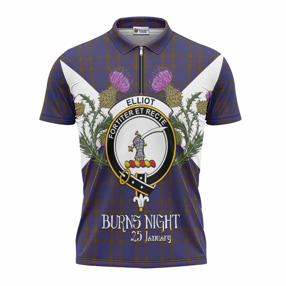 Elliot Tartan Family Crest Zipper Polo Shirt Scottish Burns Night Thistle Floral